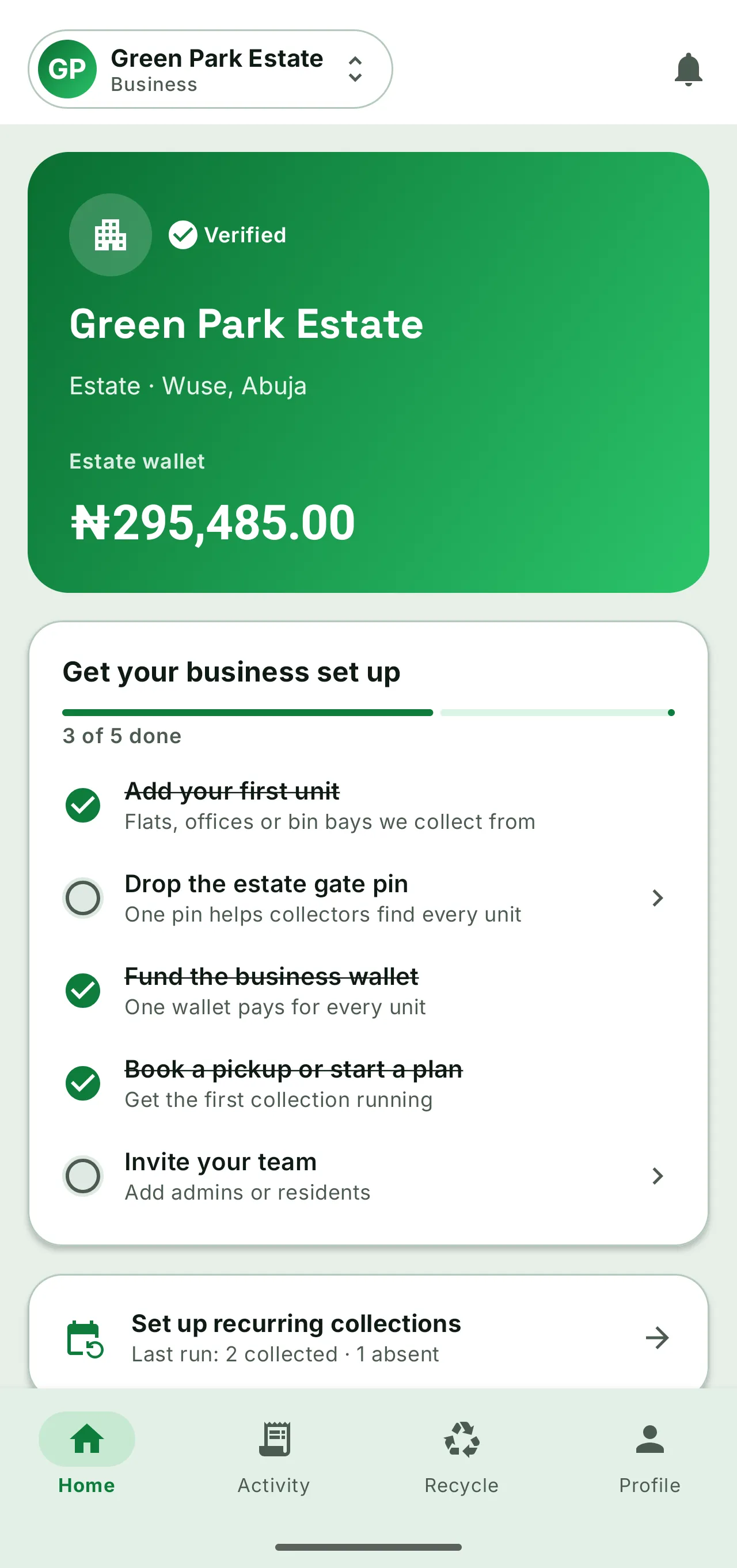 WasteAway business workspace for a verified estate: a shared estate wallet and a setup checklist for units, plans, your team and recurring collections