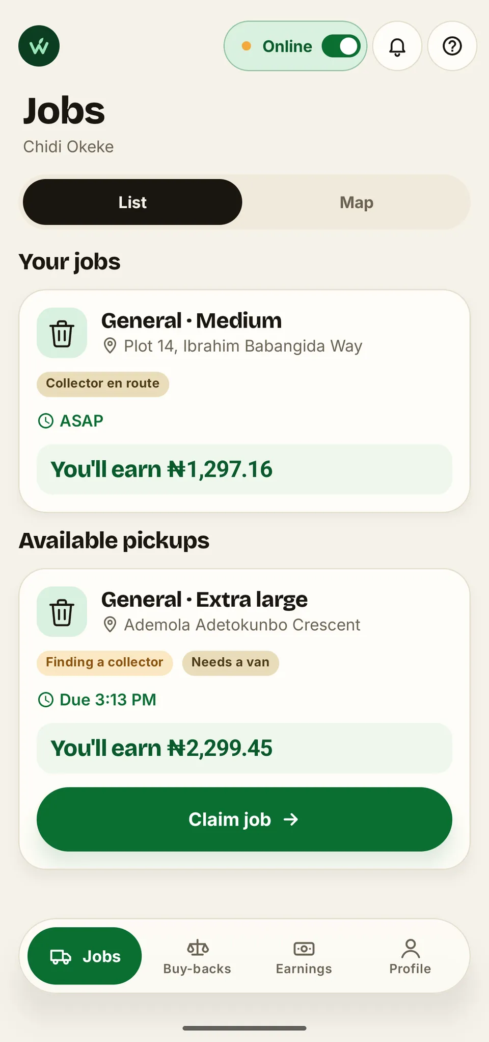 A walkthrough of the WasteAway collector app: an online collector with one pickup under way and another to claim, each showing its pay, the same jobs on a map, then the earnings screen with money available to withdraw and more still clearing