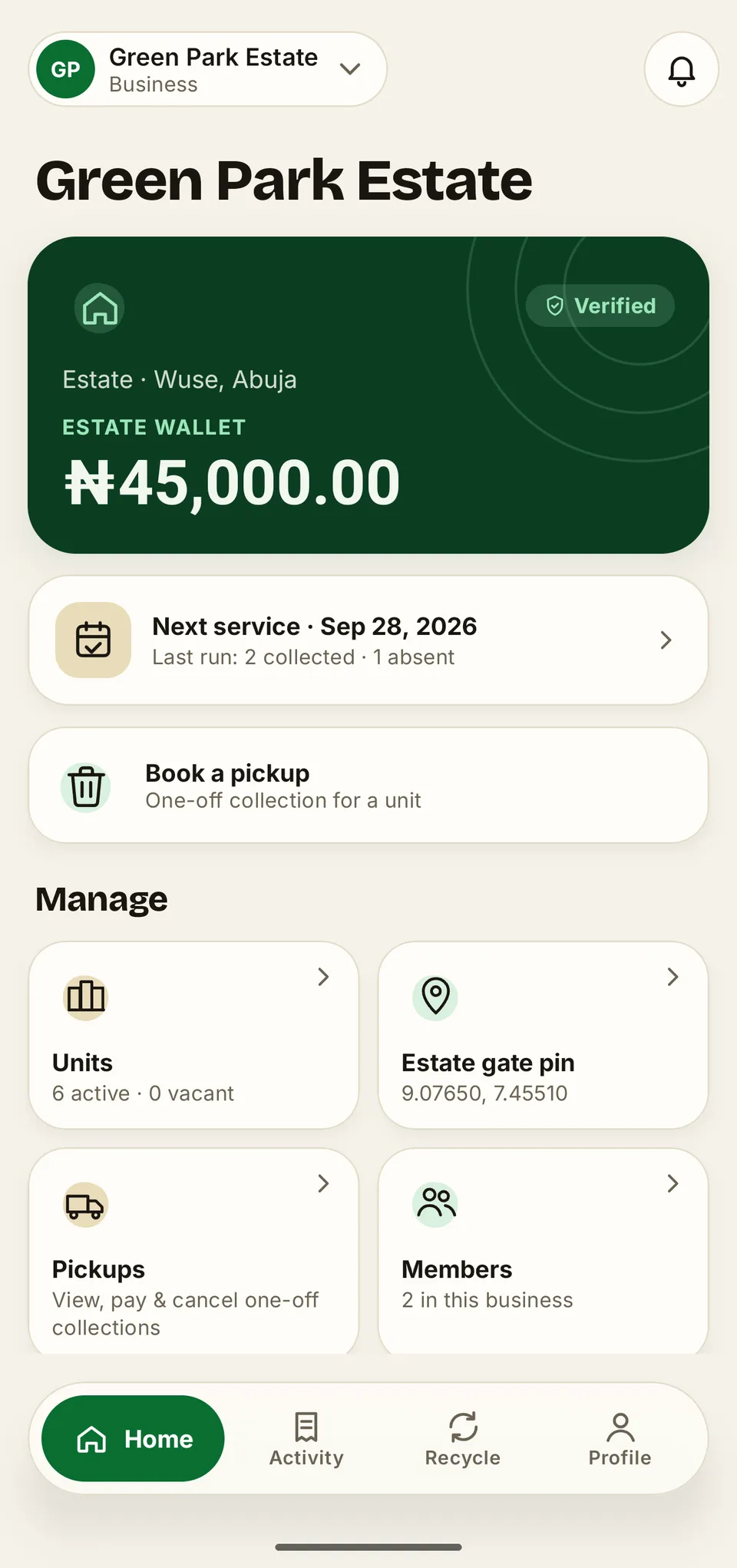 A walkthrough of the WasteAway estate workspace: a verified estate with a shared estate wallet and the next collection date, scrolling to the management rows, opening the monthly report, and showing what each unit was collected and charged