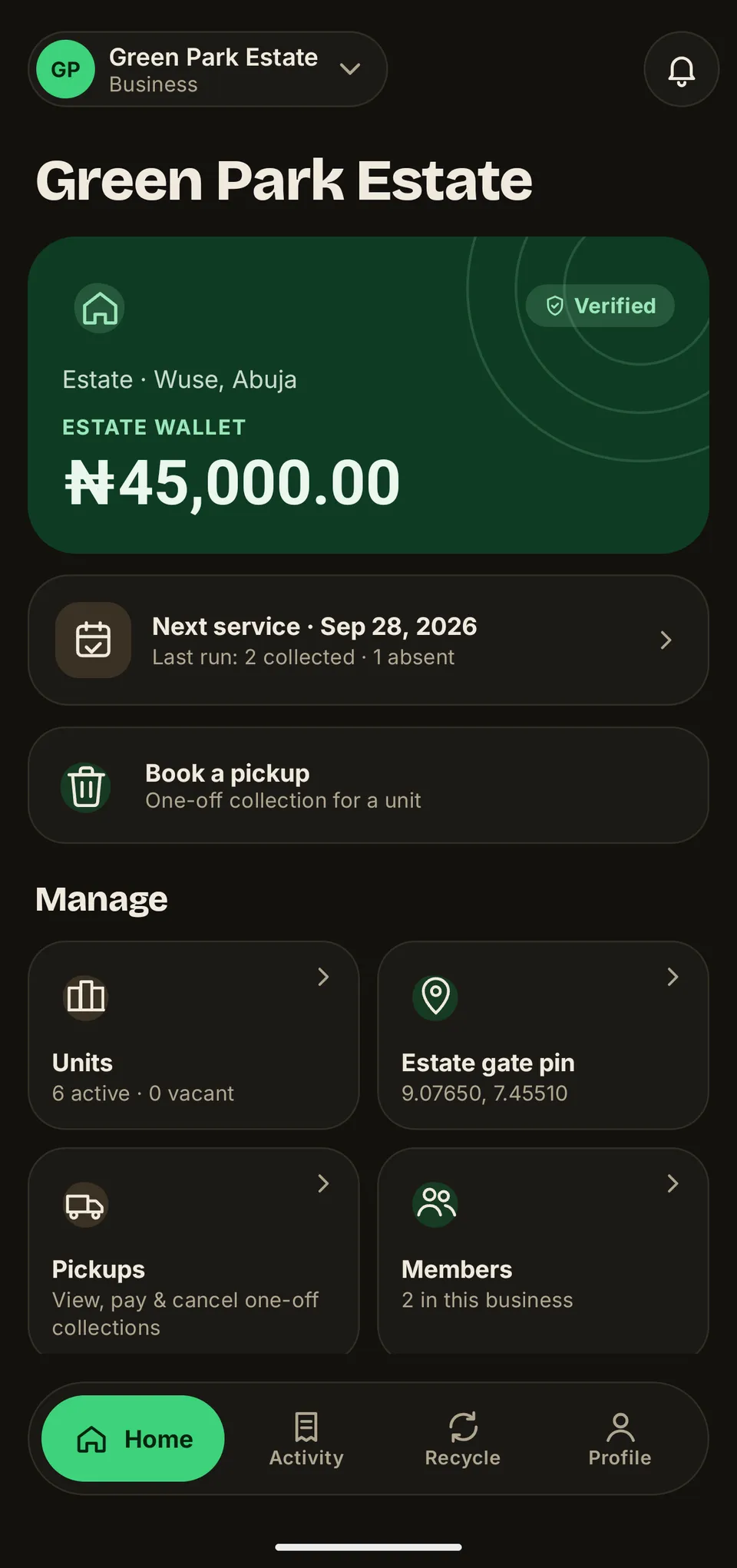 A walkthrough of the WasteAway estate workspace: a verified estate with a shared estate wallet and the next collection date, scrolling to the management rows, opening the monthly report, and showing what each unit was collected and charged