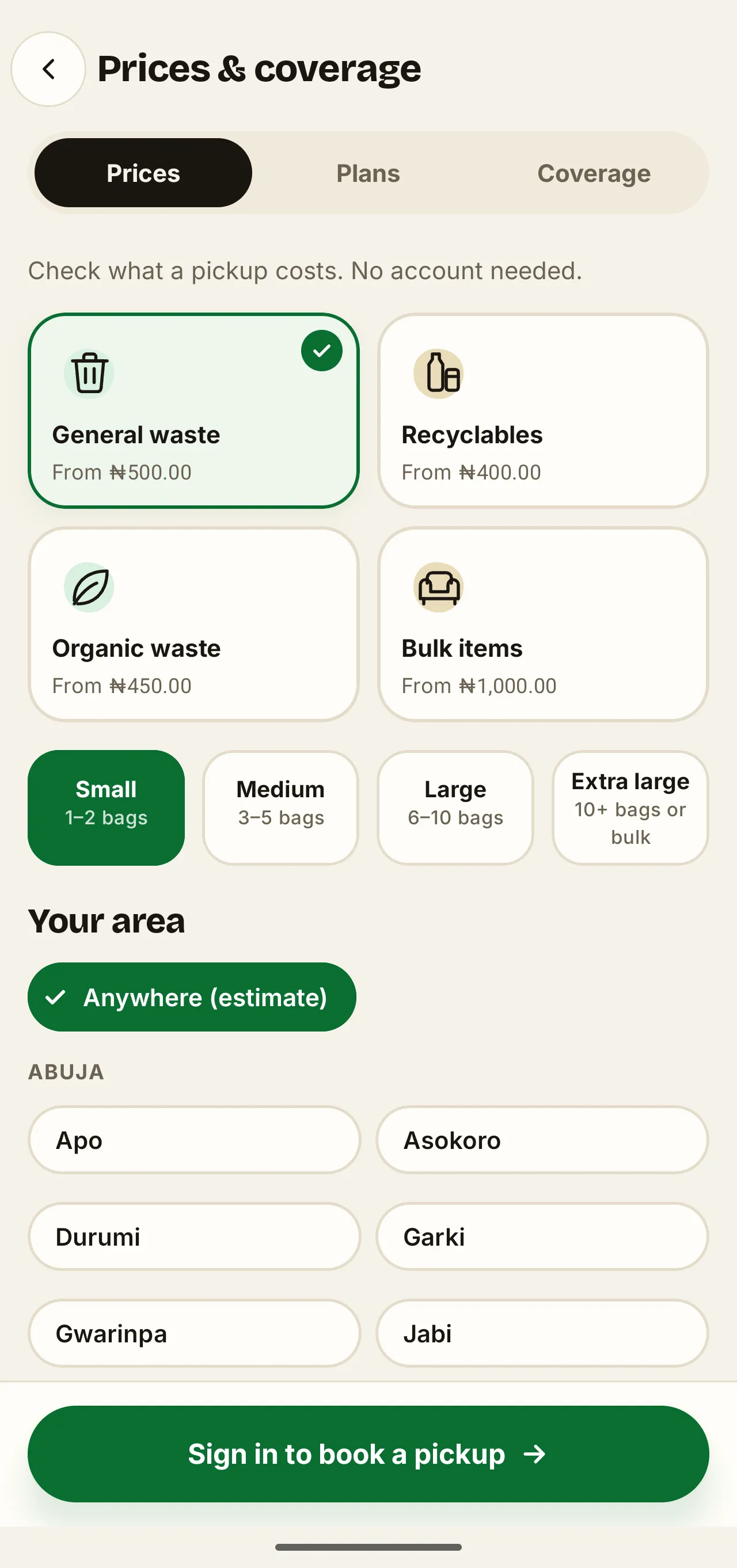 Guest pricing and coverage catalogue on the WasteAway Android app, listing a base price for each waste type and the four load sizes