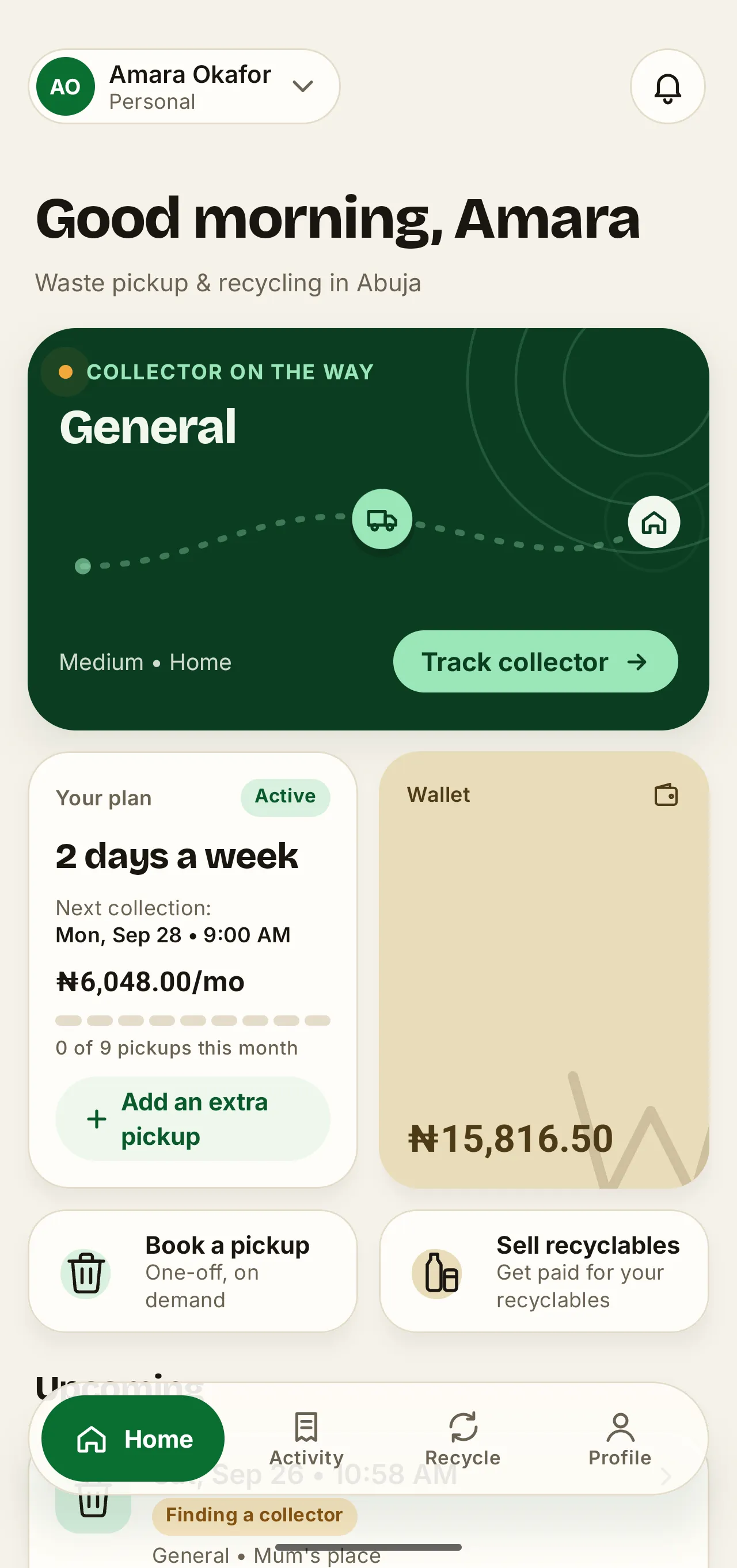 The WasteAway home screen on Android, with an active weekly plan and a collector on the way