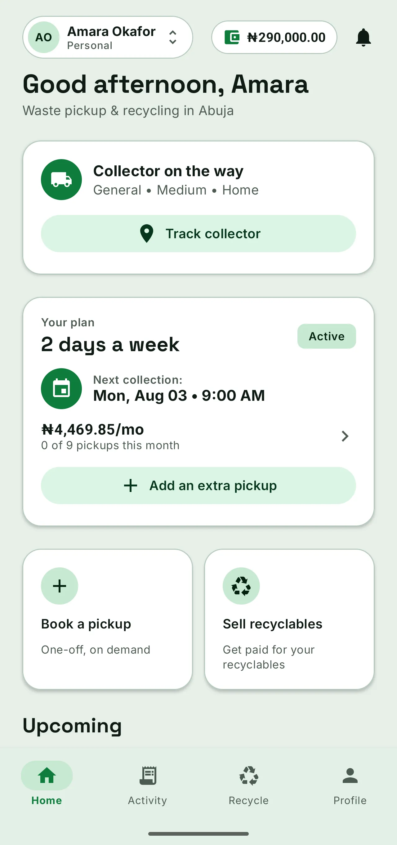 WasteAway home screen on Android: an active weekly plan, next collection Monday 9:00 AM, and a collector on the way