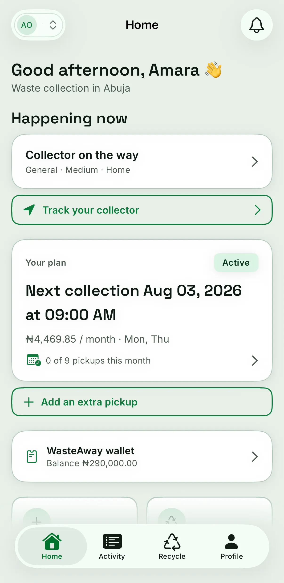 The WasteAway home screen running on iPhone
