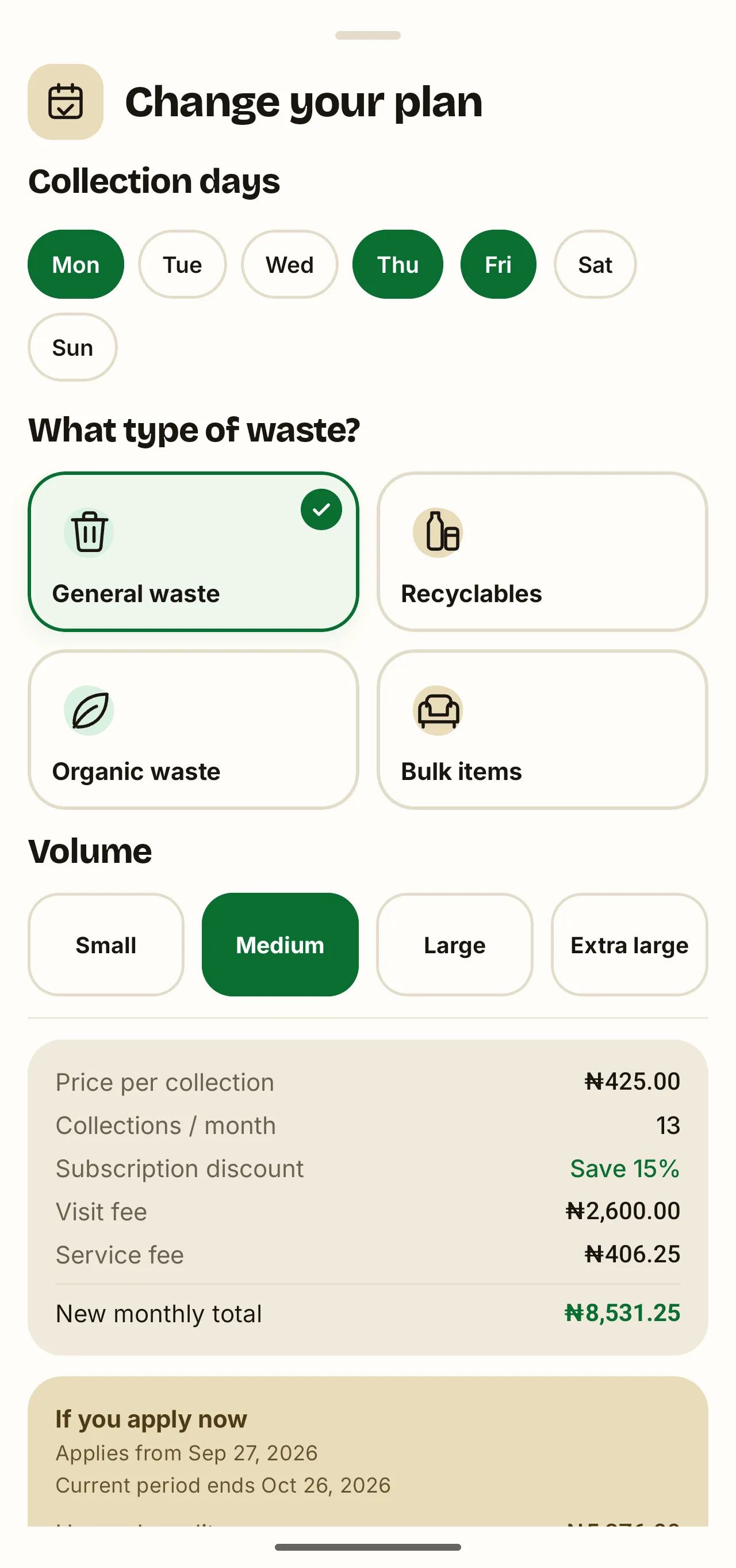 Change your plan sheet on Android: collection days, waste type and volume, with the recomputed price per collection, monthly total and proration