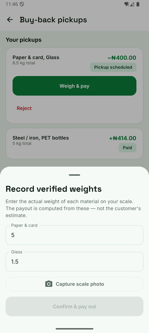 Collector verified weigh-in screen