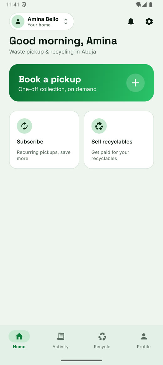 WasteAway home screen — book a pickup, subscribe, sell recyclables